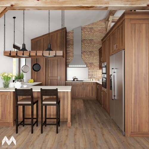 Moderně Rustikální interiér kuchyně a obývacího pokoje